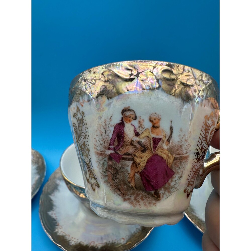 Vintage Japanese Demitasse Cups and Saucers Set, Courting Couple Design